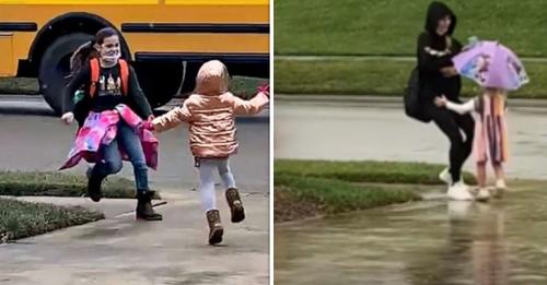 La maman partage une douce vidéo de sa fille accueillant ses sœurs de l'école 'qu'il pleuve ou qu'il vente'
